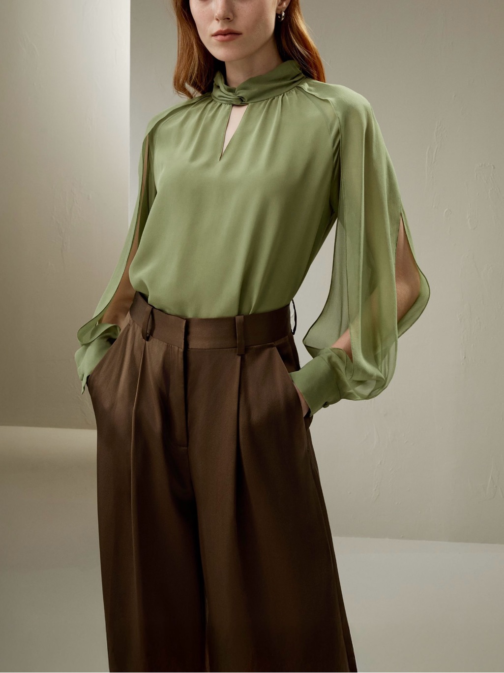 Lilysilk Pistachio Silk Blouse L Mulberry Silk Tie Neck Lantern Sleeve